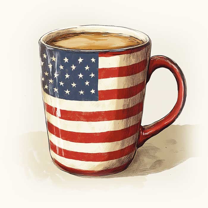 a fresh cup of coffee in a hug with American flag.