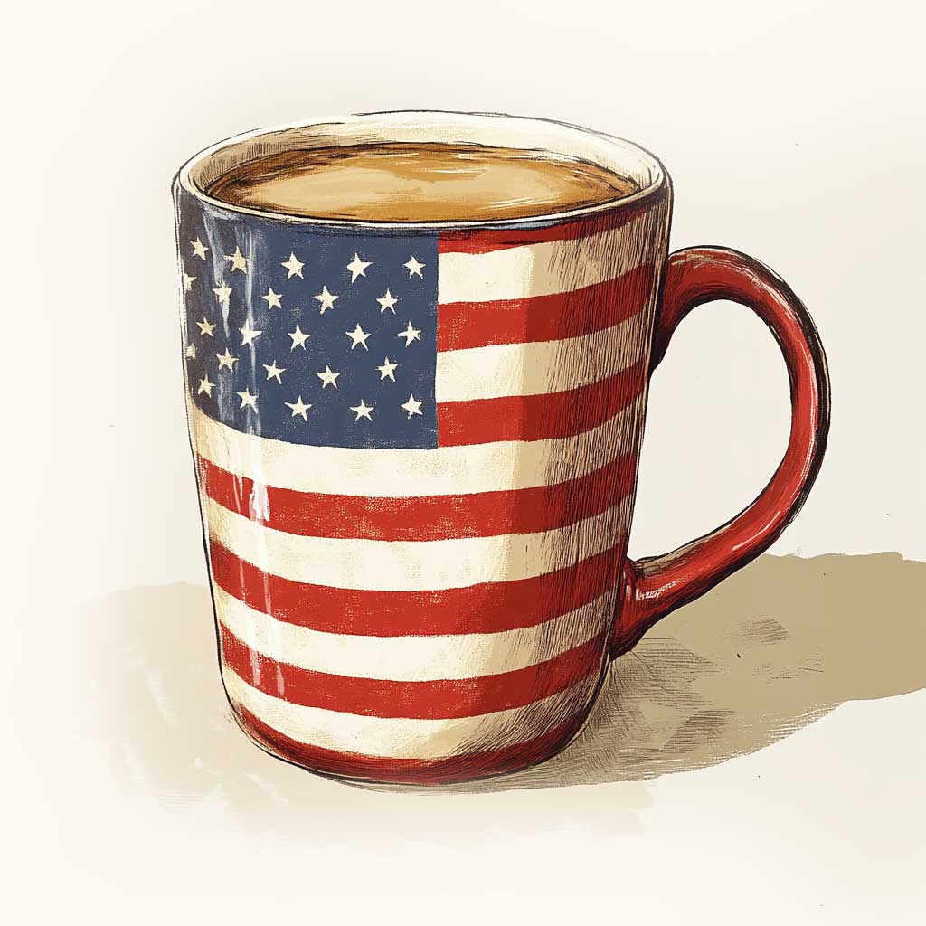 a fresh cup of coffee in a hug with American flag.